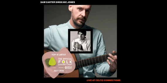 Image: Sam Carter holding guitar with folk awards top 10 artist overlay