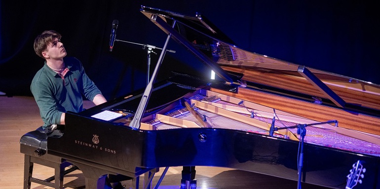 Ellis Arey playing Steinway piano in The Venue at Leeds Conservatoire