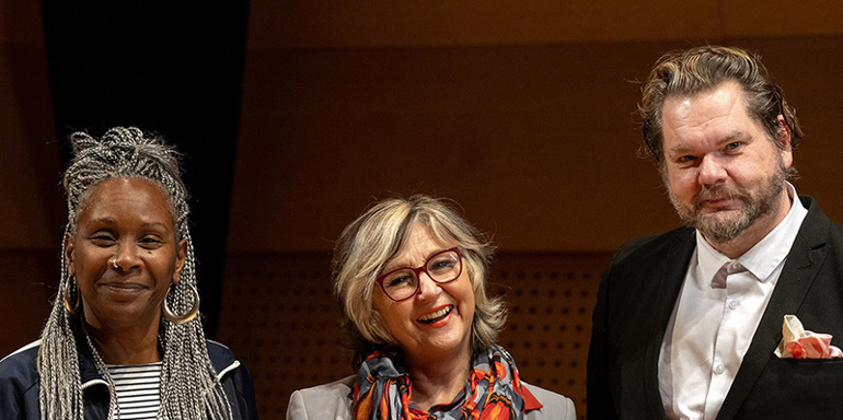Josette Bushell-Mingo OBE, Lesley Garrett CBE and Professor Joe Wilson stood together in The Venue at Leeds Conservatoire